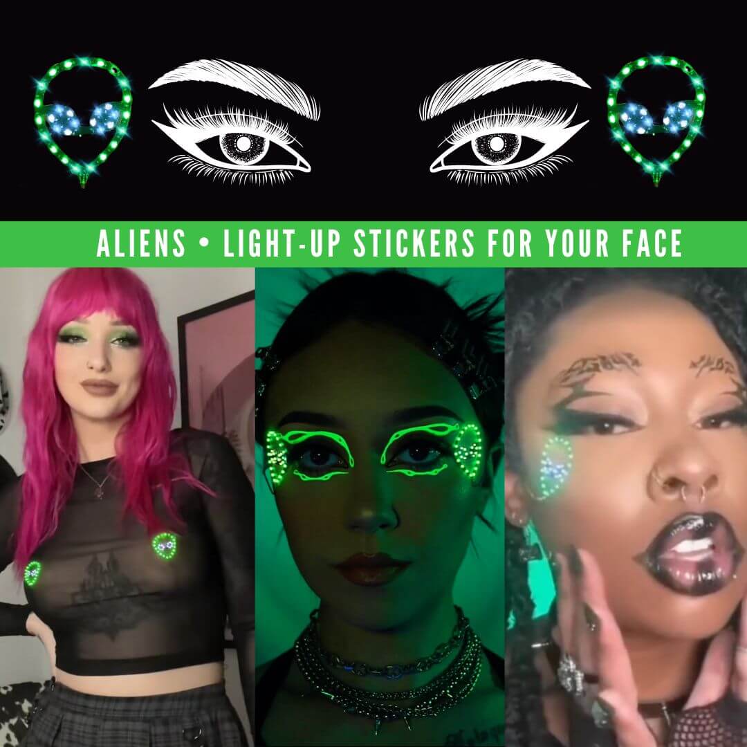 Alien LED face stickers promotional display - Green extraterrestrial-themed illuminated facial jewelry for sci-fi conventions, space-themed parties, alien costume contests, and futuristic events