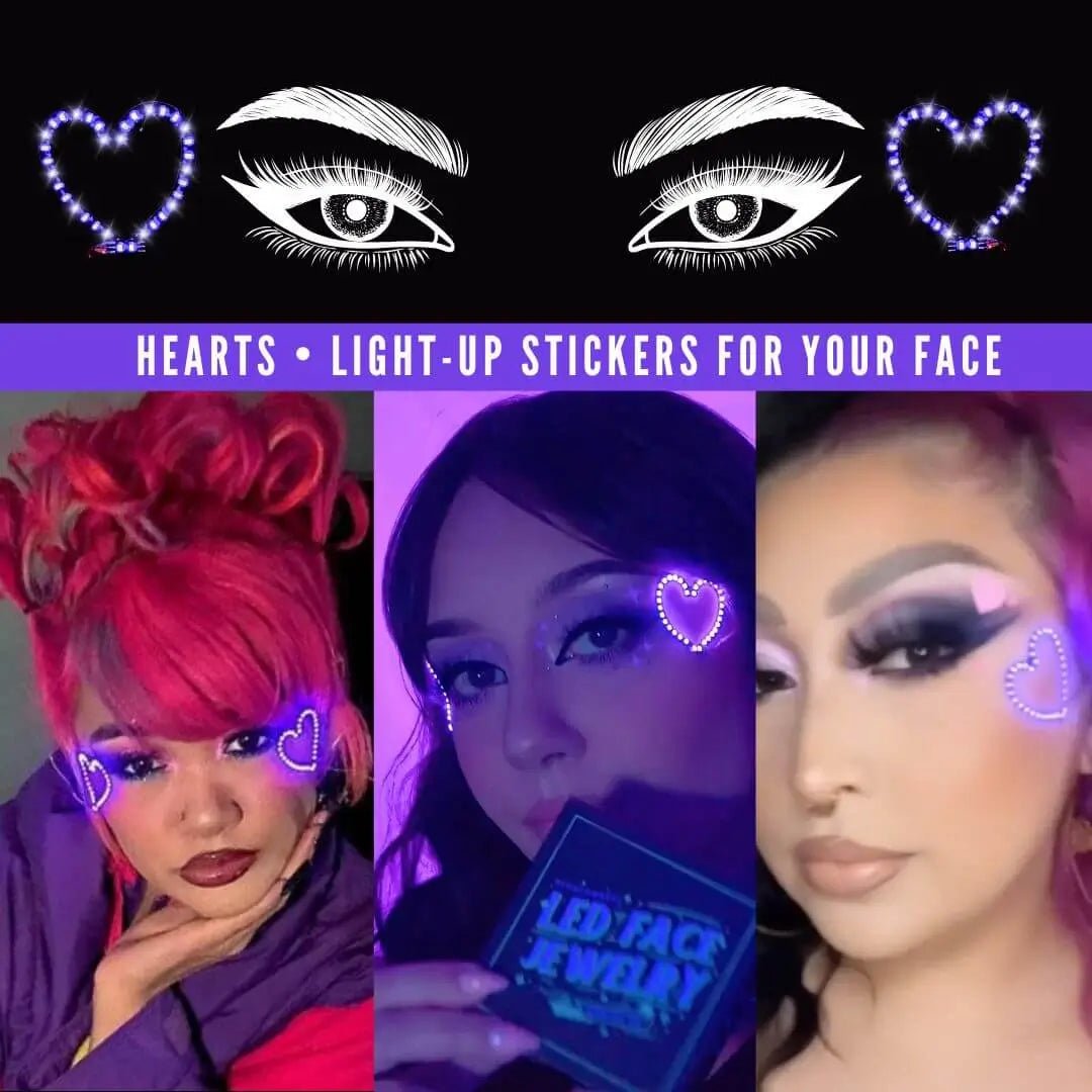 Heart-shaped LED face stickers promotional display - Purple illuminated facial jewelry for Valentine's parties, Taylor Swift concerts, romantic date nights, and purple aesthetic looks