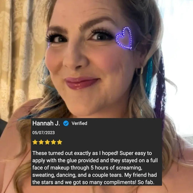 Customer review with LED face stickers - Verified buyer testimonial showing successful application for special events, birthday celebrations, music festivals, and TikTok makeup trends