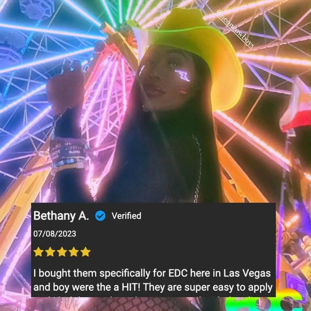 Customer review with lightning bolt LED stickers - Verified buyer testimonial showing successful application for EDC Las Vegas, rave parties, club nights, and electric dance events