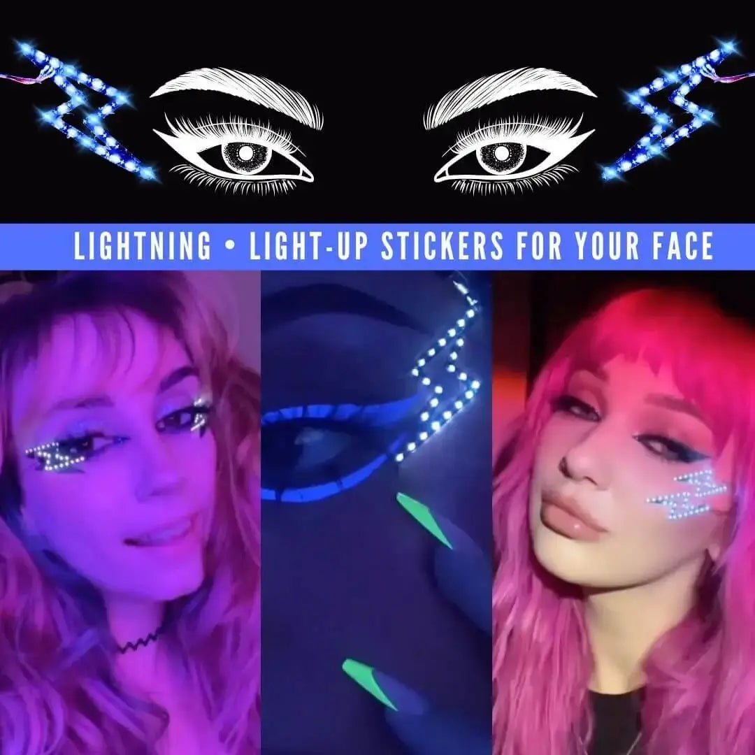 Lightning bolt LED face stickers promotional banner - Electrifying illuminated facial jewelry collection inspired by David Bowie for punk concerts, Halloween makeup, and alternative fashion events