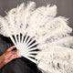 White feathered fan held in hand showing non-illuminated design - Elegant silk-soft feather accessory for daytime festival fashion, costume parties, wedding photo booths, and theatrical performances