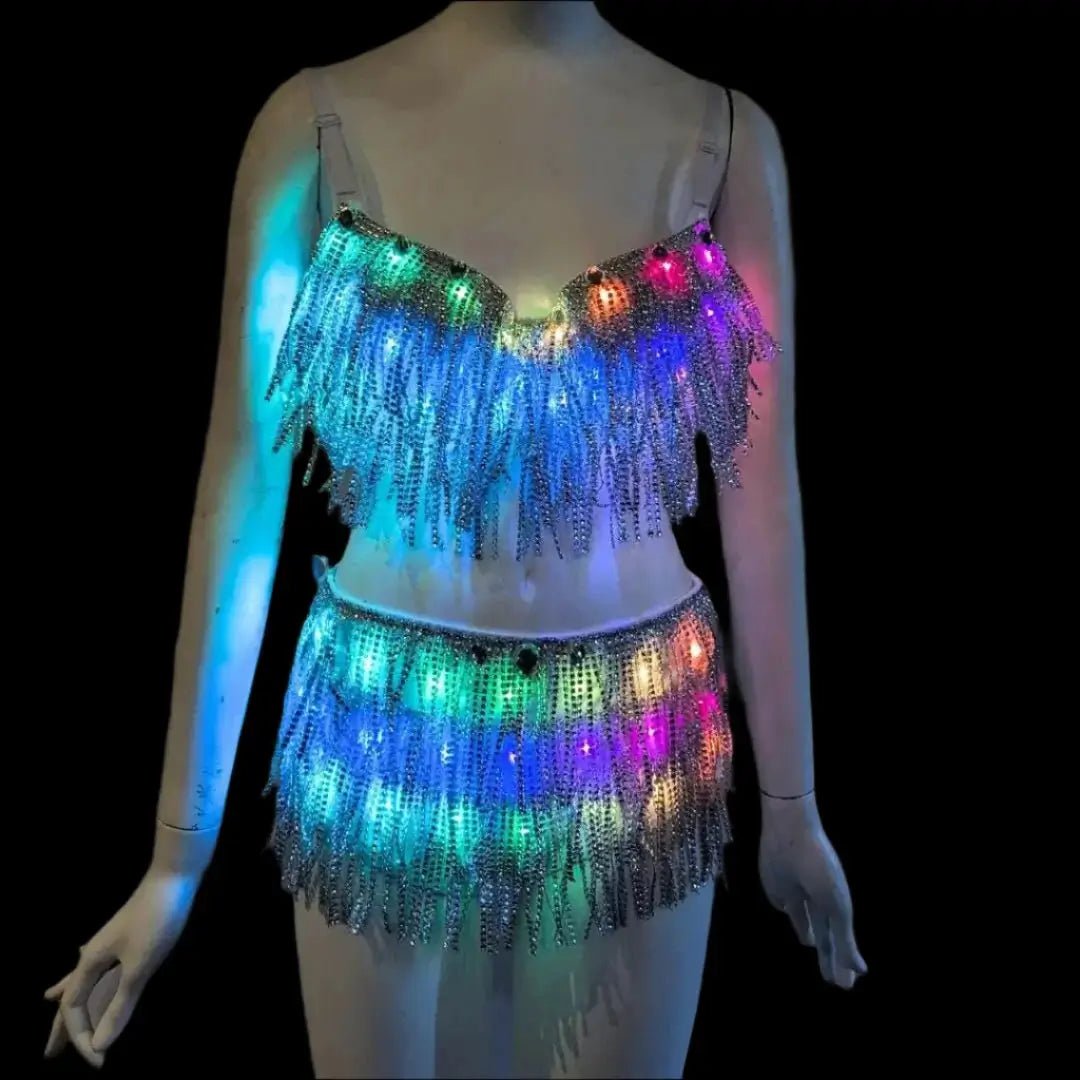 Woman wearing complete rainbow LED Fringe Bra & Bottoms Set - Full outfit with multicolor light-up fiber optic fringe for festival wear and space cowgirl costumes