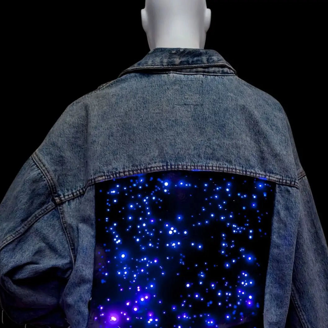 LED Galaxy Denim Jacket with Light Up Back Panel - Blue Rainbow Color Changing Lights on Jean Jacket - Music Festival Concert Fashion Statement Piece - Space Cowboy Cowgirl Outdoor Rustic Jacket