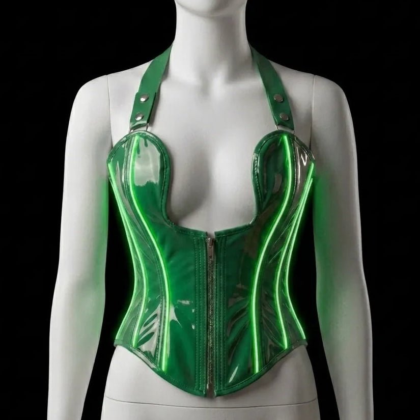 Neon Cowboys green LED light-up PVC halter corset with bright neon-green glowing wire piping along the boning, zip-front sweetheart halter on a mannequin — made-to-order light-up go-go and cyberpunk corset for club dancers, alien and fairy rave cosplay and neon Halloween costumes, glowing rave wear by Neon Cowboys