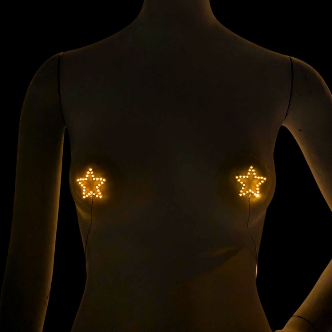 LED Star Pasties for Festivals and Raves - Light Up Nipple Covers with Yellow Glow - Breast Jewelry for Halloween Costumes, Burlesque, and Dance Performers