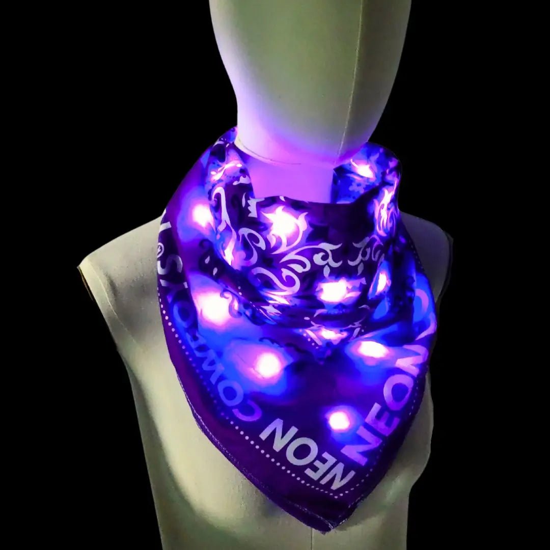 Light up Purple LED Bandana with Logo - Light Up Space Cowgirl Costume Accessory - Glowing Western Neck Scarf for Halloween and Sorority Tailgating