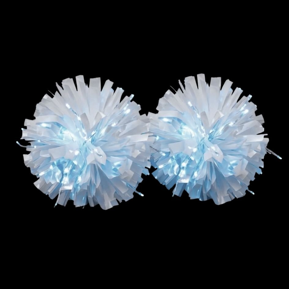 White light-up LED pom poms glowing — metallic white streamers with cool-white LEDs for cheer & dance teams