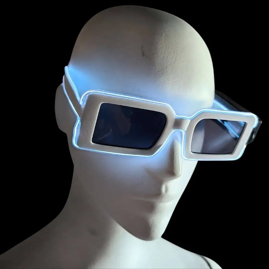 White frame LED light-up sunglasses on male - Classic illuminated party eyewear for white parties, space-themed events, modern fashion statements, and all-night celebrations