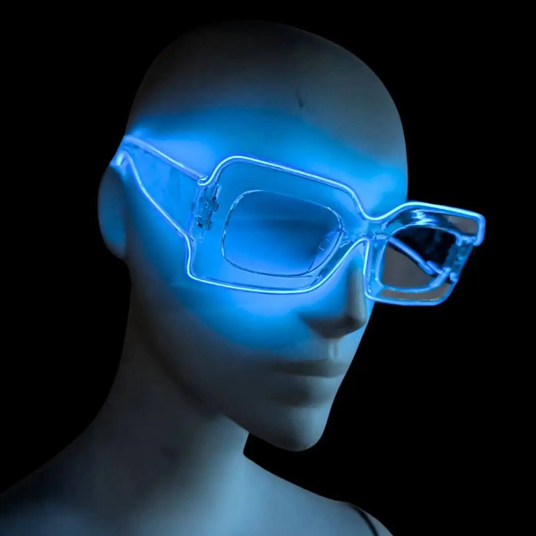 Blue LED sunglasses on female head - Bright illuminated eyewear for pool parties, beach nightlife, underwater-themed events, and winter holiday celebrations