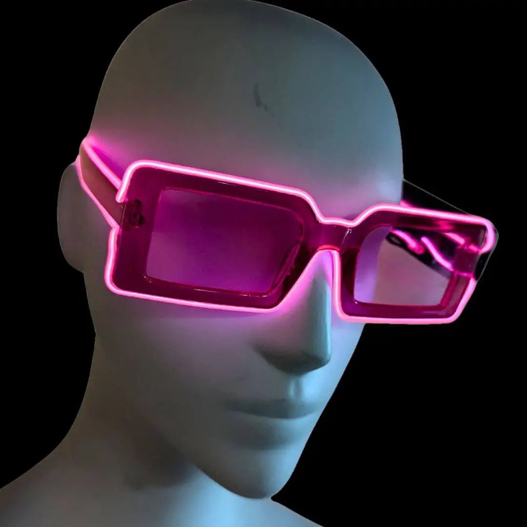 Pink rectangular LED sunglasses on woman - Bold illuminated Y2K eyewear for Barbie-themed parties, 2000s throwback events, Powerpuff Girl costumes, and fashion photoshoots