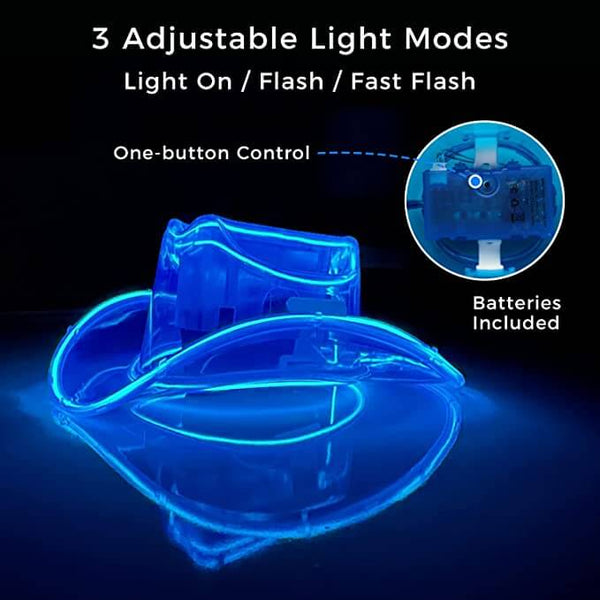 Three light modes of mini neon cowboys hat for customizing looks at rodeos country bars and western-themed birthday parties with battery included