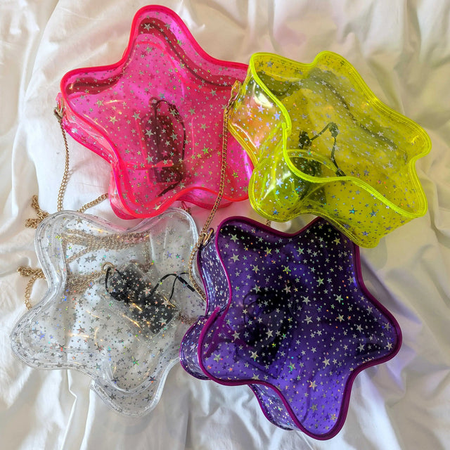 Clear Bag Policy Purse for Concerts Music Festivals EDM Raves - Star Purses - Pink, Yellow, White and Purple Light Up Bags with Holographic Glitter - Transparent Fashion Accessories