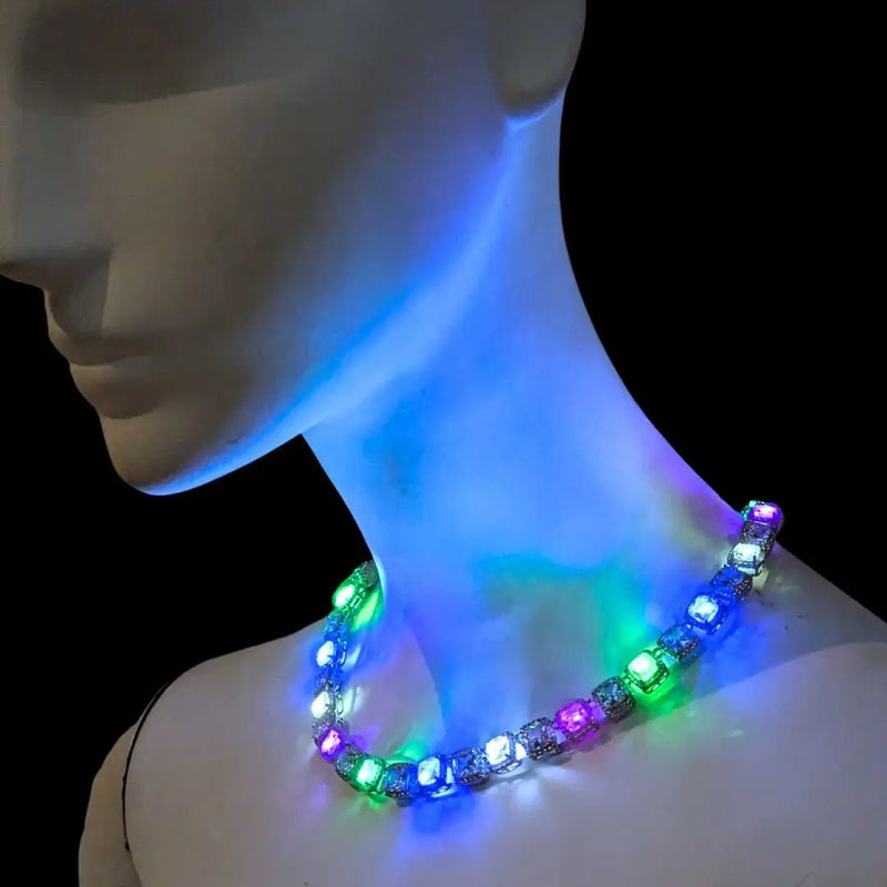 Neon Cowboys multicolor LED light up necklace on a mannequin with cubic zirconia stones glowing rainbow colors, luxury illuminated 18-inch flashing led jewelry for parties, birthday gifts, raves and music festivals, light up costume jewelry diamonds, Neon Cowboys