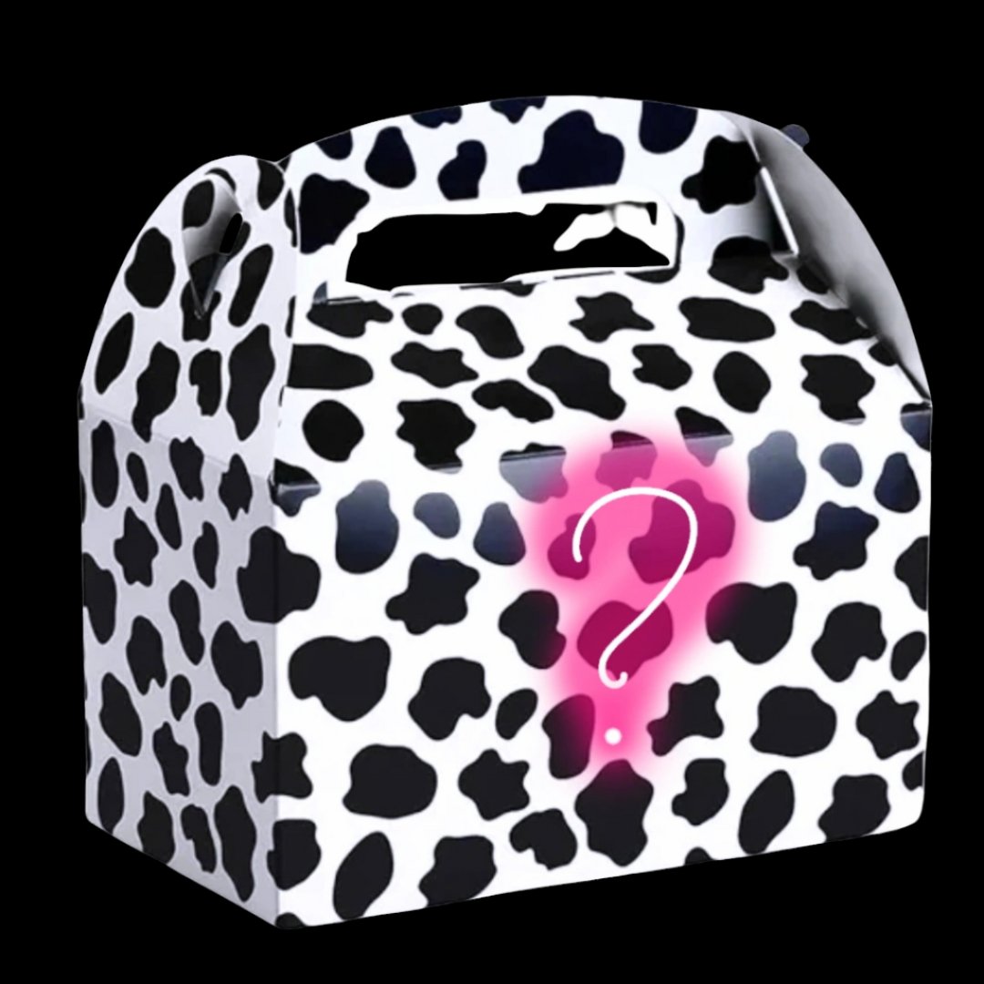 Cow print mystery box - Curated surprise collection of Neon Cowboys LED accessories for festival enthusiasts, western fashion lovers, party planners, and gift-giving occasions