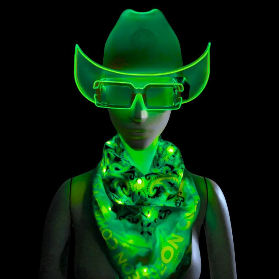 Green ligt up LED neon cowboy hat 3-pack bundle perfect for cyberpunk costumes futuristic parties and sci-fi themed events matching LED bandana and el wire sunglasses for matching cowgirl halloween outfit