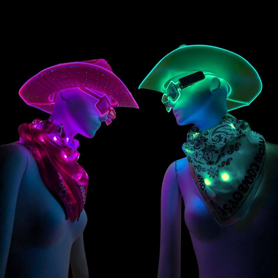 Pink green rhinestone light up LED cowboy hat 3-pack bundle perfect for cyberpunk couples costumes futuristic themed parties and space cowgirl sci-fi events featuring real neon accessories
