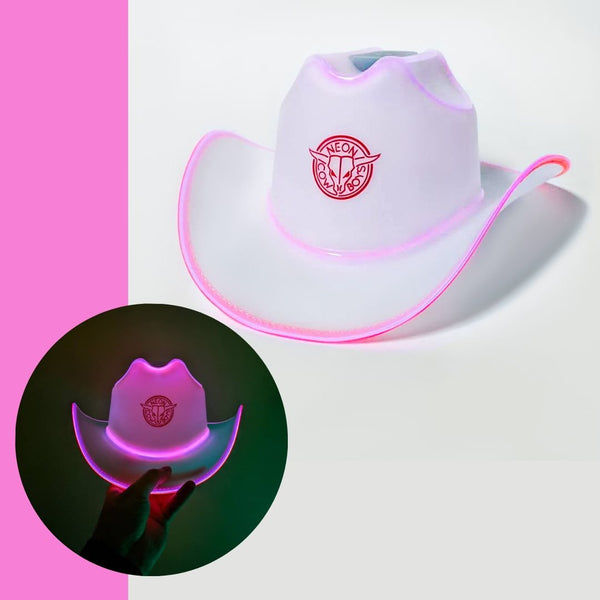 White clear plastic light up cowboy hat with pink colored edge lights shown lit and unlit, led cowboy hat and glow in the dark cowboy hat for raves, music festivals, and bachelorette parties, Neon Cowboys
