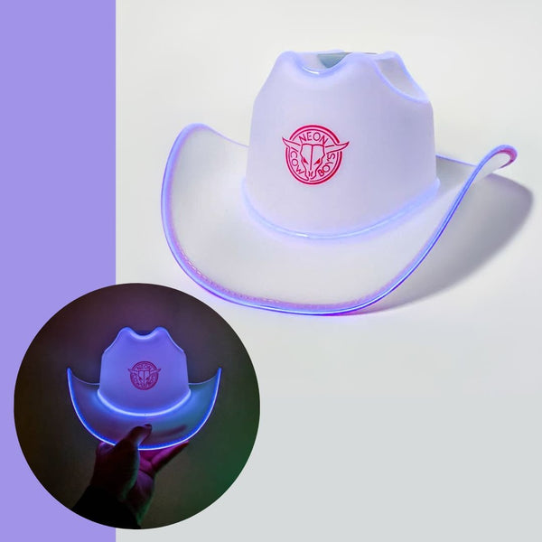 White clear plastic LED light up cowboy hat glowing purple and pink shown lit and unlit, neon rancher hat and glow in the dark cowboy hat with colored lights for raves, music festivals, and bachelorette parties, Neon Cowboys