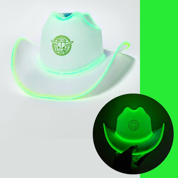 White clear plastic LED light up cowboy hat glowing green along the brim shown lit and unlit, neon cowboy hat and glow cowboy hat with colored lights for raves, country concerts, and cosmic cowgirl costumes, Neon Cowboys