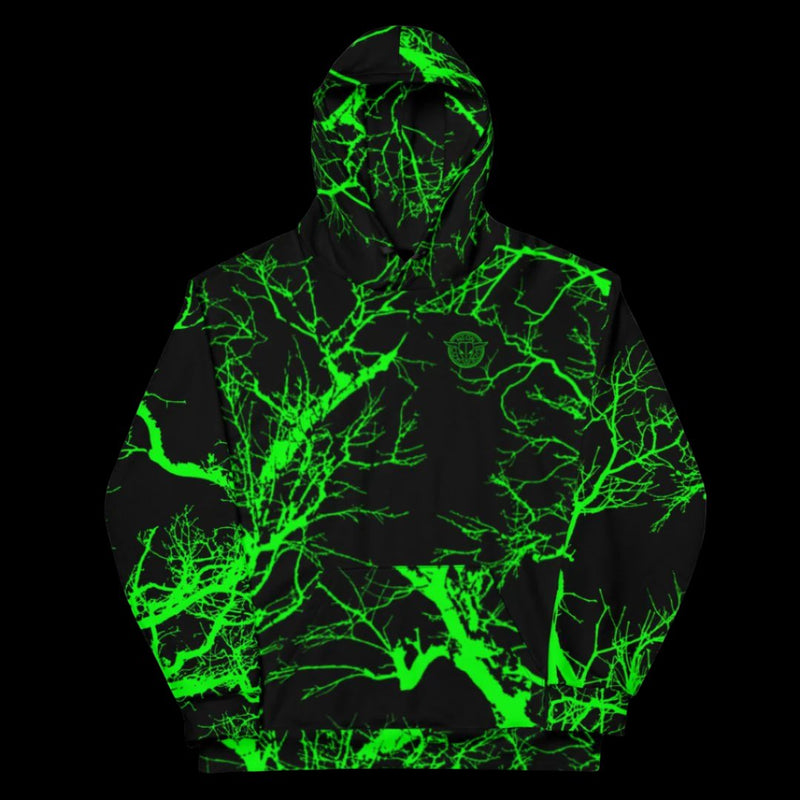 Glowing Neon Cowboys Neon Woods camo hoodie flat lay on a black background with a vibrant neon green tree branch forest camo pattern, light up western streetwear perfect for raves, music festivals, EDM concerts and nightlife events, Neon Cowboys