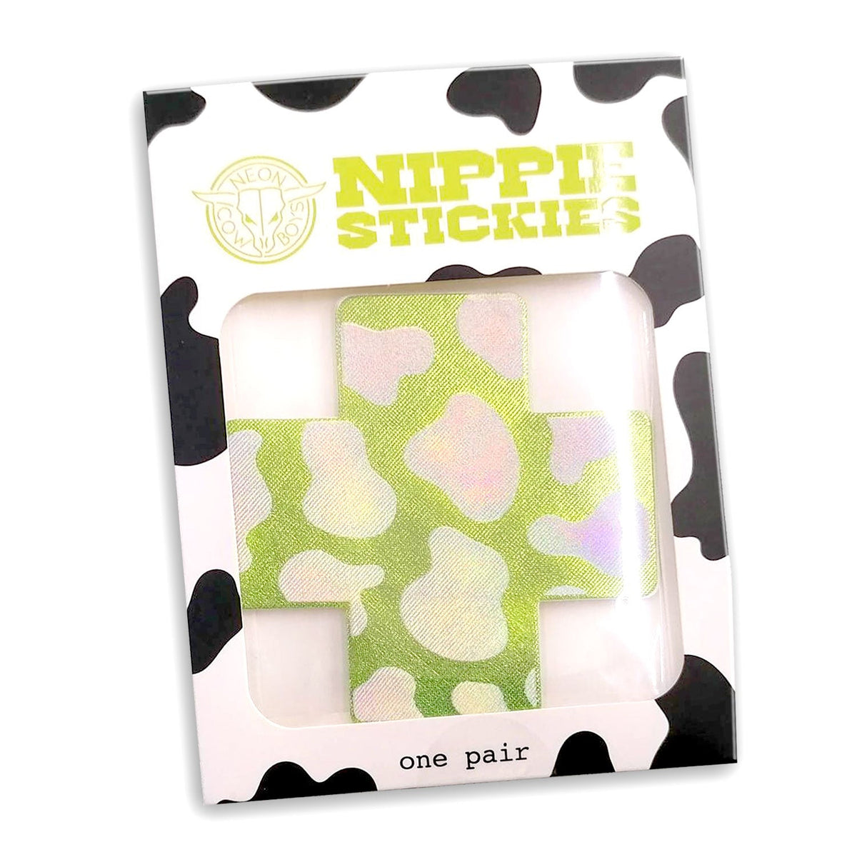 Packaged X-shaped glow in the dark nipple stickies with green cow print pattern perfect for festival fashion and western themed celebrations