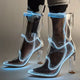 Clear transparent boots with light blue LED lighting perfect for wedding reception dancing shoes and bride's evening footwear