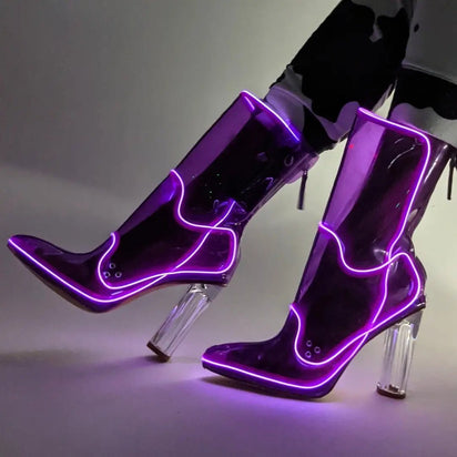 Purple light up LED transparent cowgirl boots showing vibrant color option for nightclub outfits and evening event statement footwear