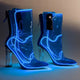 Blue LED transparent boots glowing brightly against dark background perfect for club nights EDM festivals and evening events