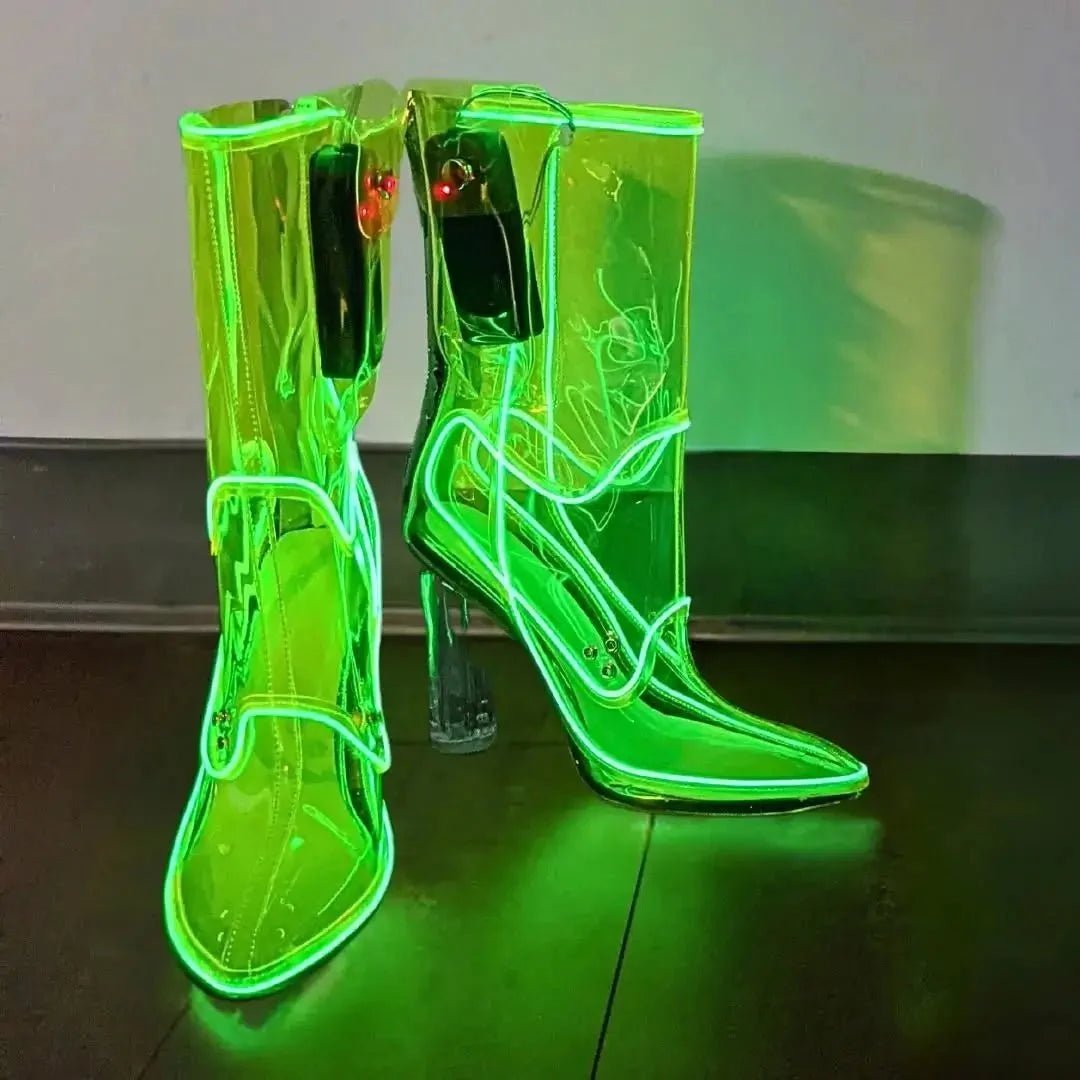 Neon green illuminated transparent boots creating vibrant glow effect ideal for rave outfits nighttime events and glow parties