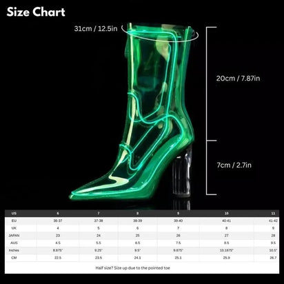 Size chart for Out Past Midnight Boots showing measurement guide for finding perfect fit with half-size recommendation for pointed toe style