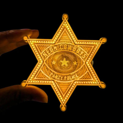 Gold Yellow LED sheriff star badge held in hand - Light-up police accessory for costume parties, western-themed events, children's dress-up play, and cowboy cosplay