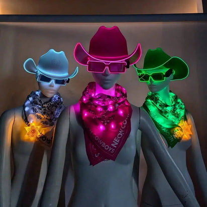Collection of LED cowboy hats and sheriff badges in multiple colors - Coordinating western-themed illuminated accessories for group costumes, themed parties, music festivals, and nightclub events