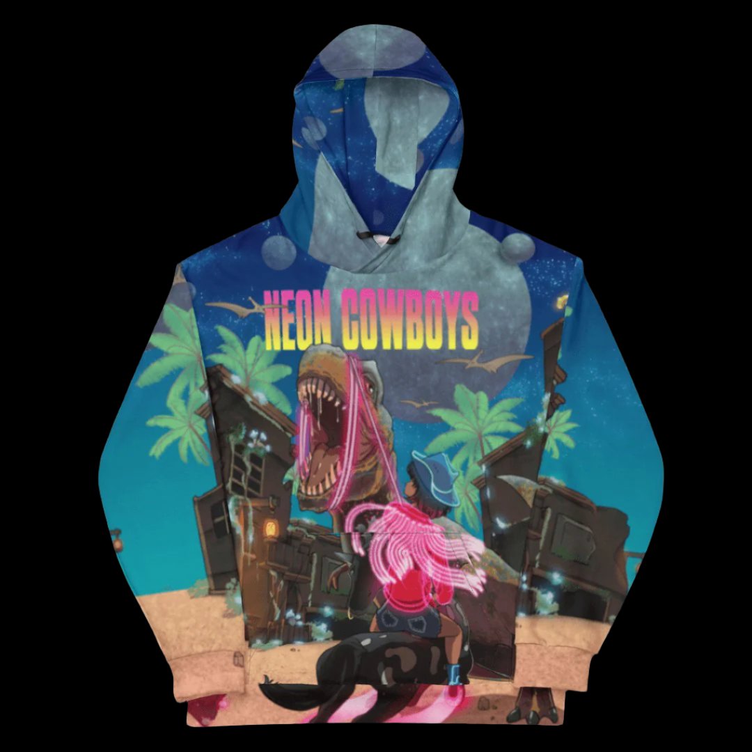 Vibrant Neon Cowboys hoodie with bright blue background and black woman cowgirl riding a unicorn battling a neon pink dinosaur graphic perfect for music festivals EDM concerts and nightlife events