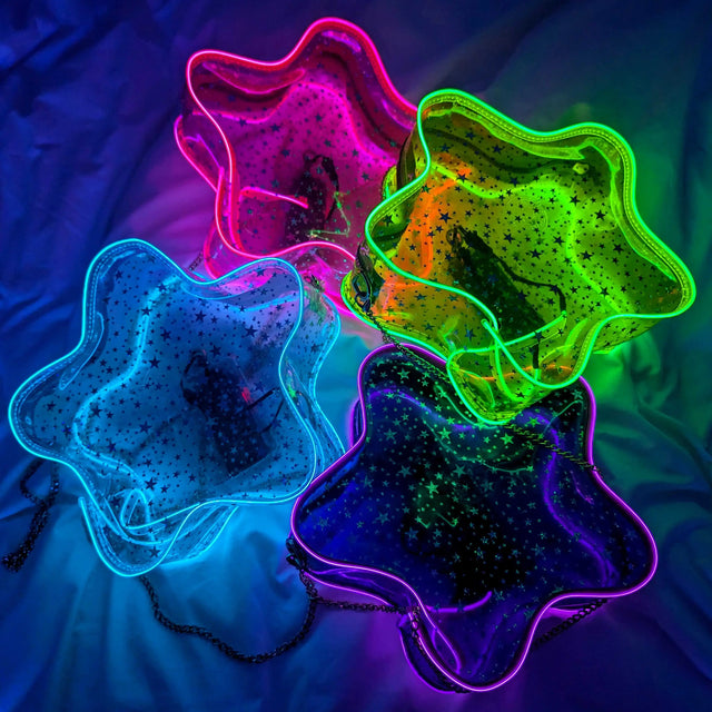 Glowing Collection of LED Star Purses - Pink, Blue, White, Green, Purple Light Up Bags - Music Festival Accessories for Parties Concerts Gifts