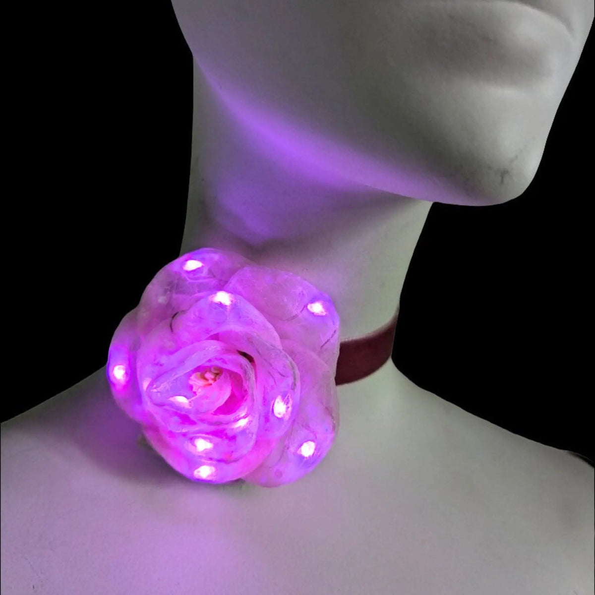 Pink LED Flower Velvet Choker - Illuminated Glowing Rose Necklace with Pink Lights - Soft Velvet Band with Glowing Floral Rose Centerpiece for Birthdays, Parties, Romantic Costumes, Night Events in any City