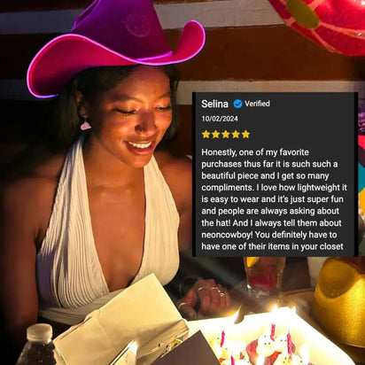 Pink LED Cowboy Hat with Customer Review - Light Up Western Hat for Birthday Celebrations - Real Space Cowgirl Party Experience - Las Vegas - Nashville City