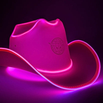 space cowgirl LED hat glowing pink neon perfect for festival fashion Coachella style music festival outfits electronic dance music events