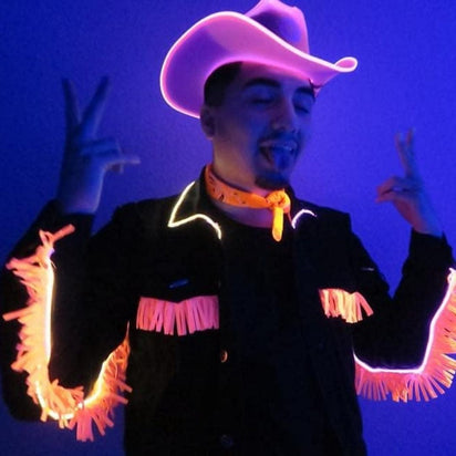 neon space cowboy costume pink LED hat perfect for themed bar events western night parties rodeo themed celebrations country music festivals