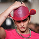 pink cowboy hat LED neon accessories perfect for london fashion week styling celebrity fashion events high-end designer collaborations luxury fashion runway photography
