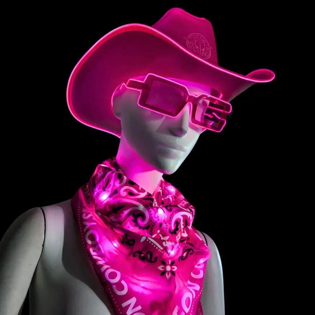 Pink LED Cowboy Hat with Matching Glow Sunglasses and Bandana - Complete Light Up Cowgirl Festival Outfit Set - Halloween Costume Accessories