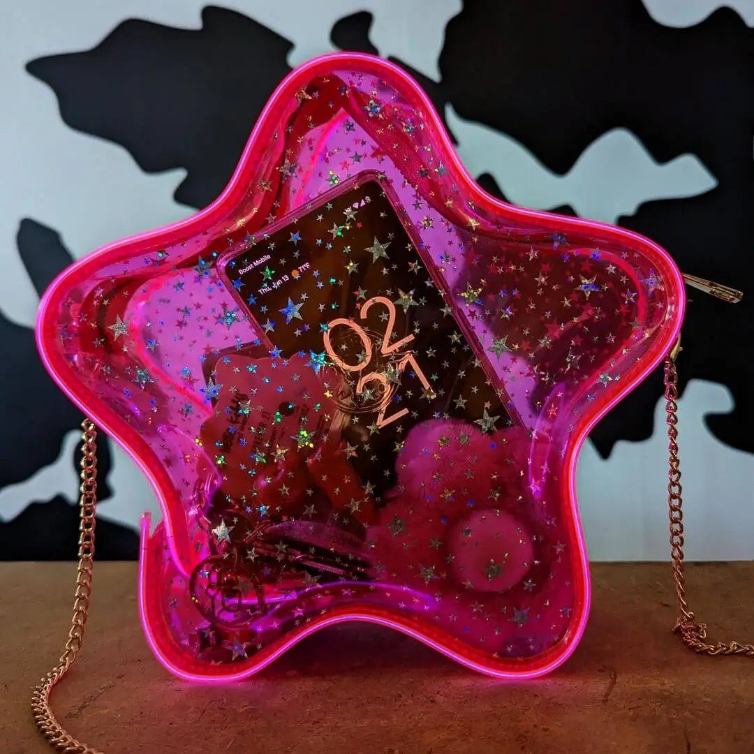 Hot Pink LED Star Purse - Light Up Fashion Accessory - Glowing Evening Bachelorette Gift - y2k Trendy Concert Clear Bag Policy for Stadium Venues