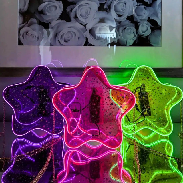 Purple, Pink and Green Yellow LED Star Purses - Collection of Light Up Bags - Colorful Fashion Accessories for Parties and Events - Clear Bag Policy - Women Gifts for Bachelorettes Birthdays