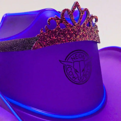 Purple LED Cowboy Hat with Tiara Crown - Birthday Party Bundle for Rodeo Glam Celebrations - Western Theme Party Must Have - Space Cowgirl Party Girl