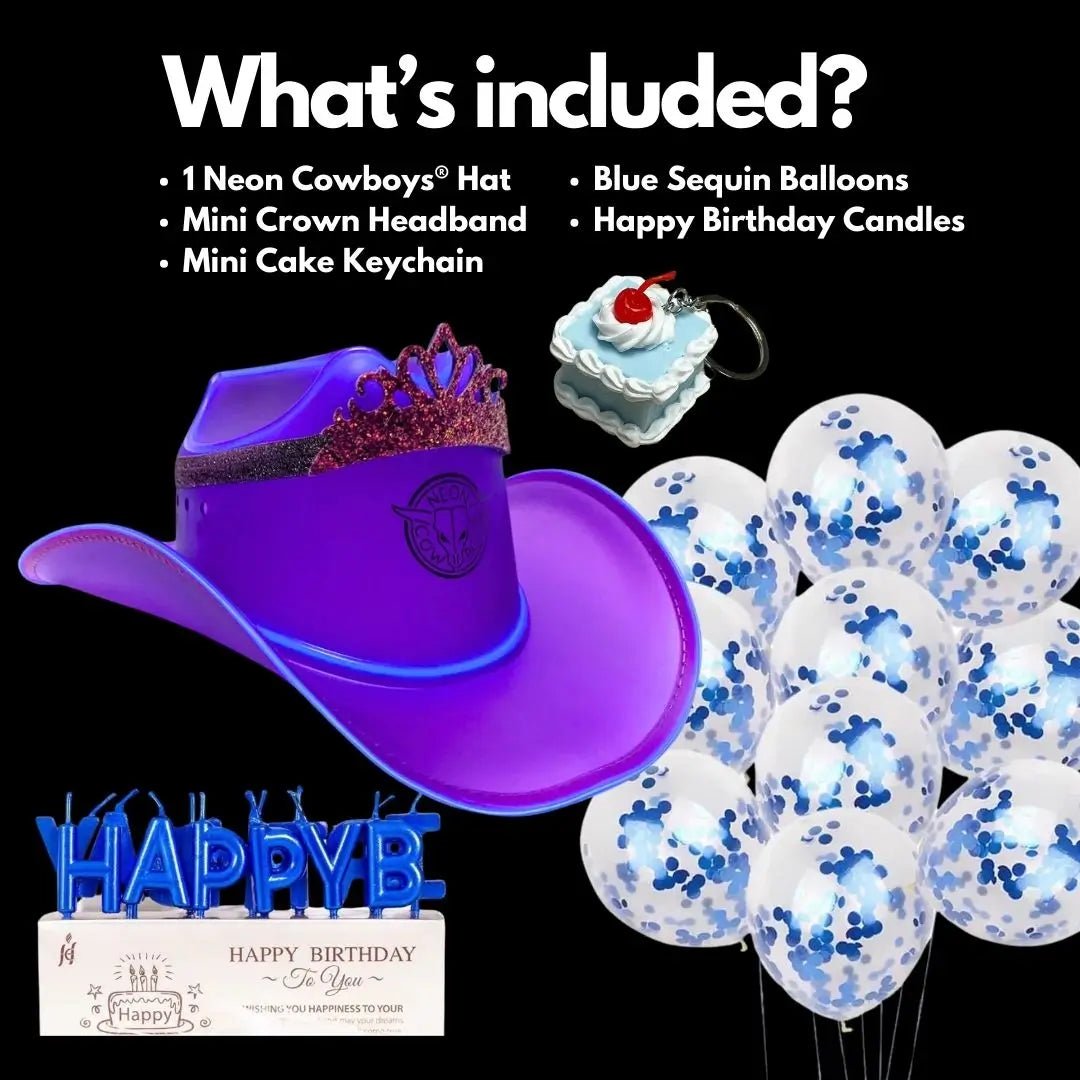 Purple LED Cowboy Hat Complete Birthday Set - Western Theme Party Bundle with Balloons - Neon Glow Party Celebration Kit - Space Cowgirl Princess