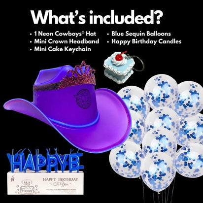 Purple LED Cowboy Hat Complete Birthday Set - Western Theme Party Bundle with Balloons - Neon Glow Party Celebration Kit - Space Cowgirl Princess