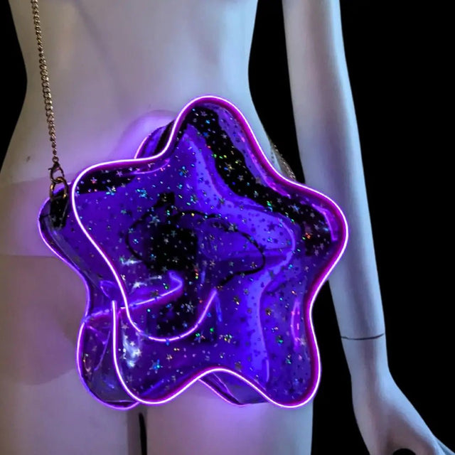 Purple LED Star Purse - Glowing Fashion Bag with Gold Chain - Light Up Evening Accessory Birthdays Concerts EDM Raves