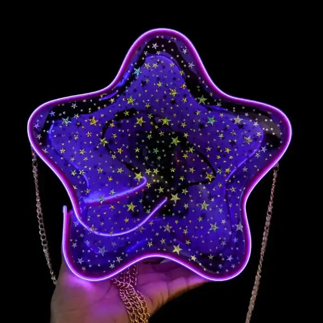 Transparent Purple LED Star Purse - Illuminated Glow Bag with Glitter - Light Up Space Cowgirl Birthday Halloween Costume