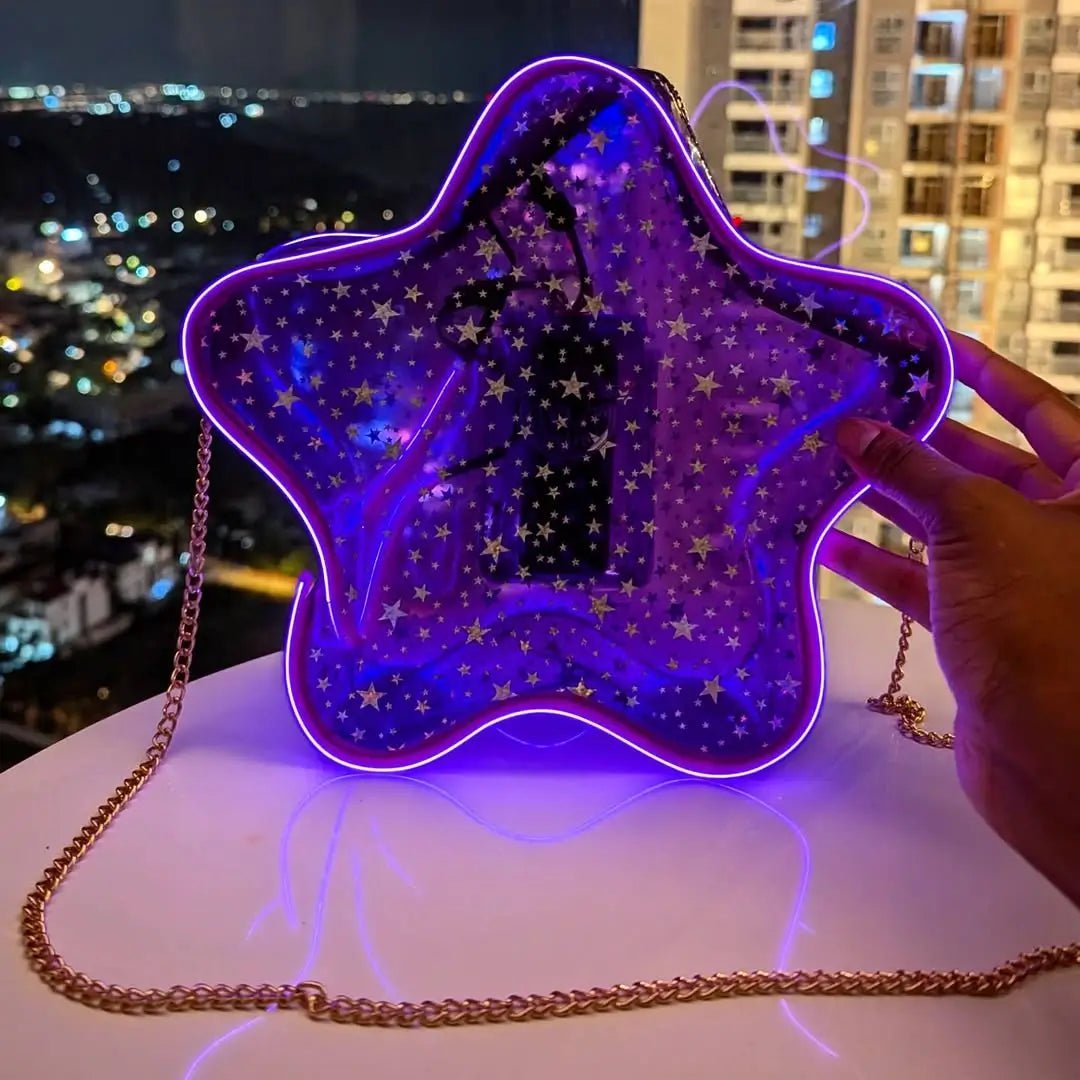 Purple LED Star Purse - Light Up Crossbody Bag with Glitter Holographic and Gold Chain - Glowing Fashion Accessory for Festivals and Concerts