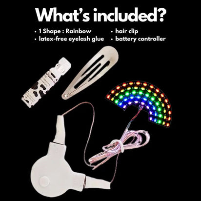 Complete rainbow LED face sticker package with controller batteries and instructions showing what's included for festival light-up costume accessories